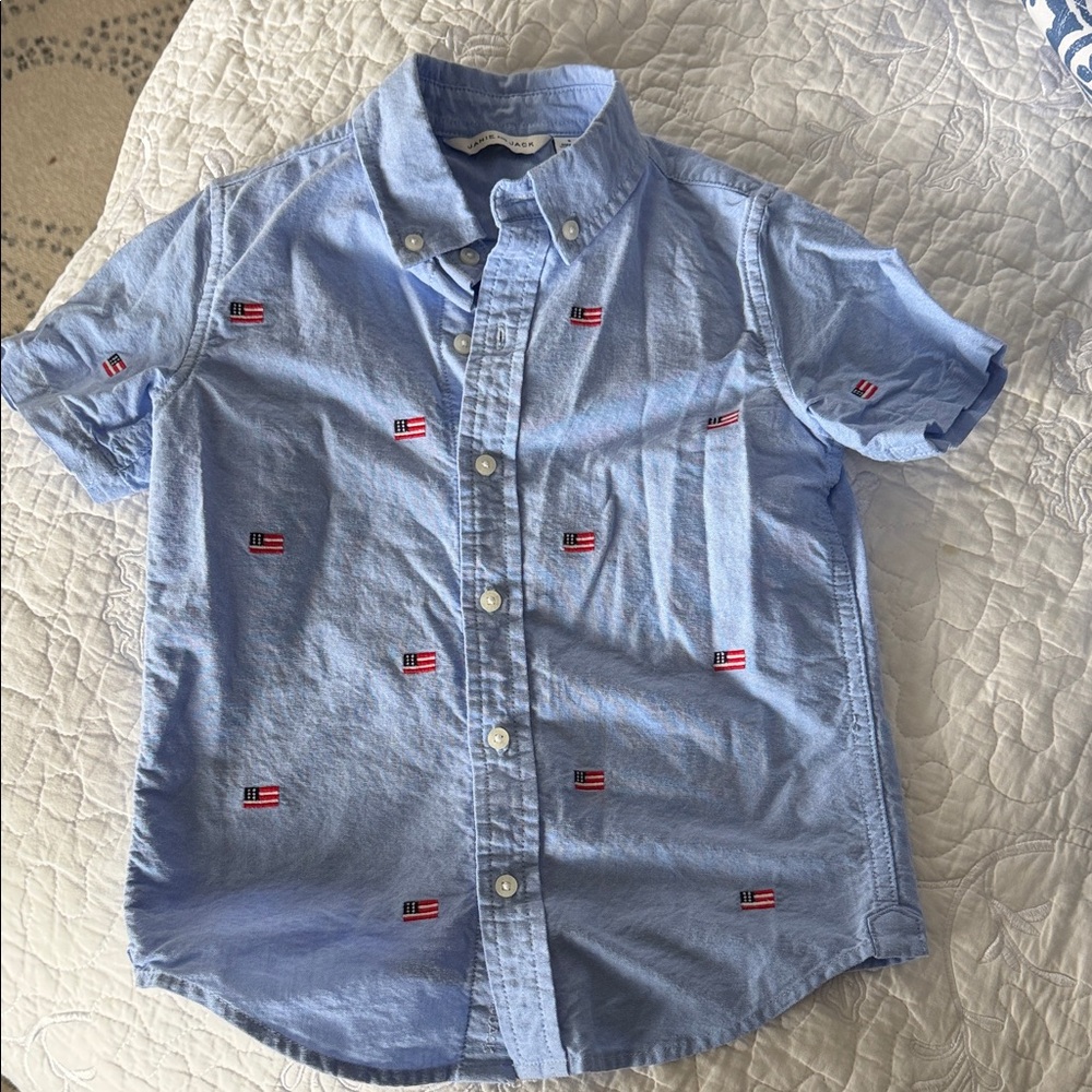 Janie & Jack Blue Kids Shirt with Flag Embroidery size 6 July 4th!
